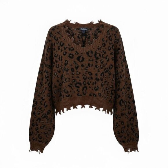 Freshman 1996 Leopard Print Distressed Cropped V-neck Sweater Brown Black Large - Picture 1 of 6